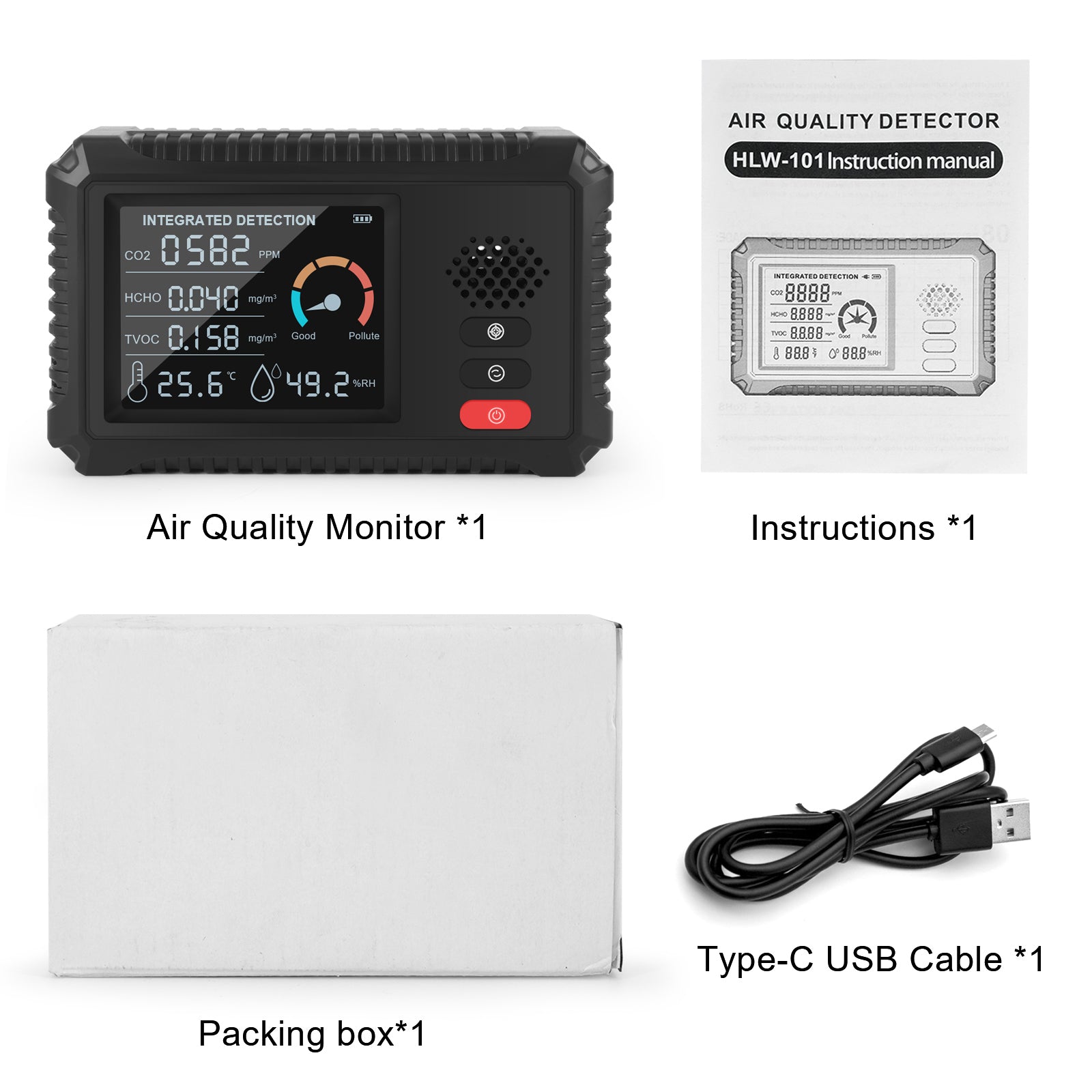 HLW-101 5-in-1 CO2 Detector HCHO TVOC PM2.5 Detector Air Quality Monitor Temperature Humidity Tester HLW-101 5-in-1 CO2 Detector HCHO TVOC PM2.5 Detector Air Quality Monitor Temperature Humidity Tester